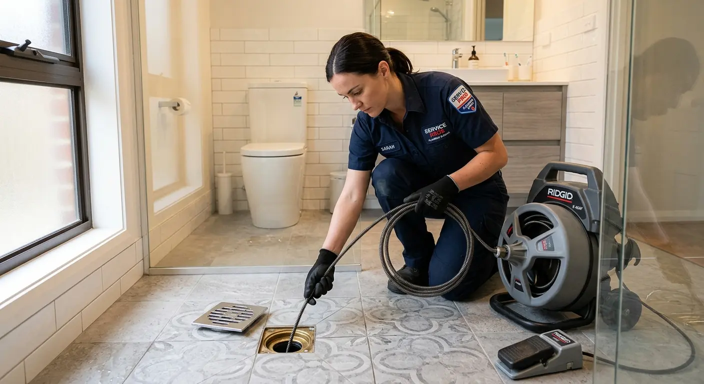 Technician clearing a bathroom floor drain for Drain Cleaning in Hialeah Gardens